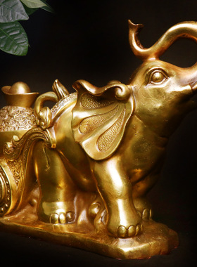 纯铜象拉聚宝盆摆件金象送财象拉车生肖象客厅办公室装饰象拉元宝