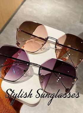 2024 New Womens玳瑁色无框切边太阳镜时尚街拍墨镜