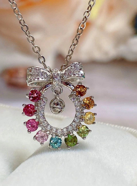 Pink ZirconBowKnotHeart Pendant NecklaceSweet Girls Necklace