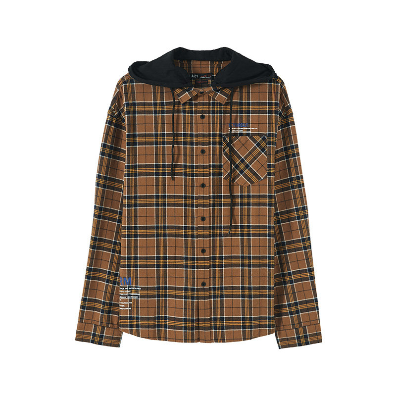 a21秋冬新款男装宽松连帽男格子衫 a21衬衫