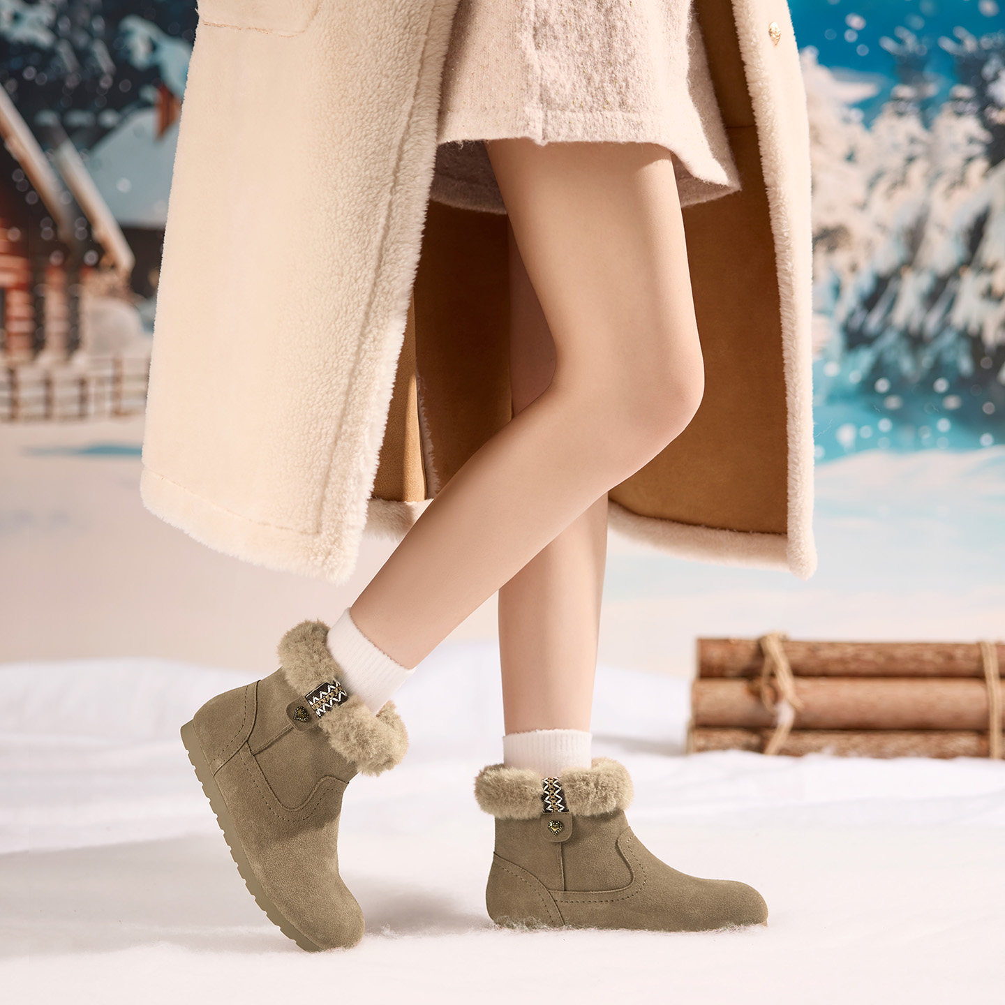 奥康 女鞋2025冬季雪地靴费尔岛风圆头时装靴爱心保暖毛毛短靴,淘宝优惠券,粉丝福利购,淘宝优惠卷