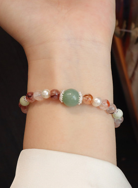 天然红胶花水晶手链石榴石双圈圆珠串珠手饰百搭设计水晶手串