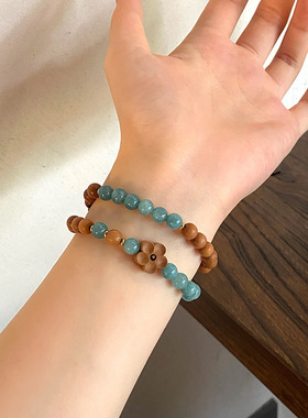 新中式文艺复古天然白水晶+芭比檀木珠双圈手链桃花有钱花手串女