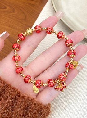 过年红色喜庆中国风古法铜銮金弹力串珠手链寺庙文创葫芦蝴蝶手串