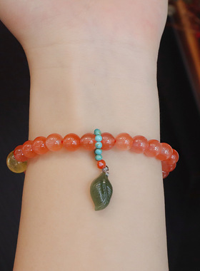 天然冰飘川料南红手串单圈和田玉树叶吊坠高级感设计新中式手串