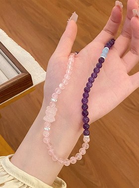 轻奢小众设计感天然紫水晶粉水晶双圈手链甜美可爱粉晶小熊手串
