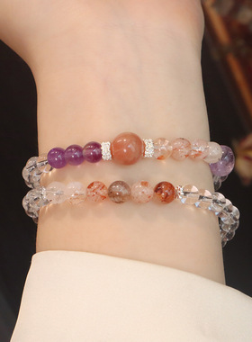 天然紫水晶双圈红胶花混搭多宝异形石设计感水晶手串九紫离火