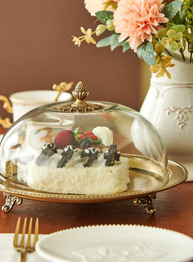 黄铜甜品盘餐厅双层蛋糕架玻璃罩