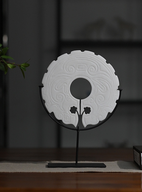 新中式树脂白色玉璧斧钺平安扣摆件酒店别墅玄关电视柜家居装饰品