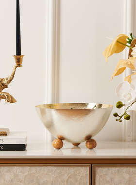 不锈钢银色圆形收纳锤纹果碗摆件