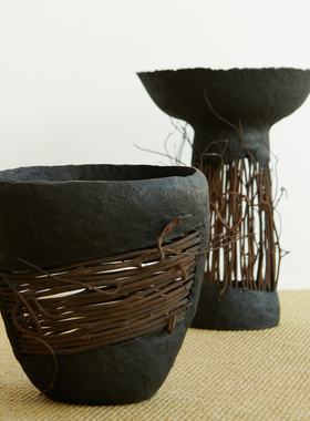 摆件玄关黑色镂空果碗装饰品花器