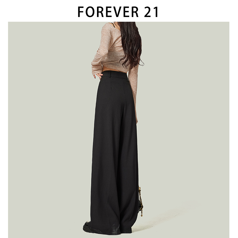 Forever 21高级气质垂坠感黑色西装裤女装显瘦高腰小个子阔腿裤子