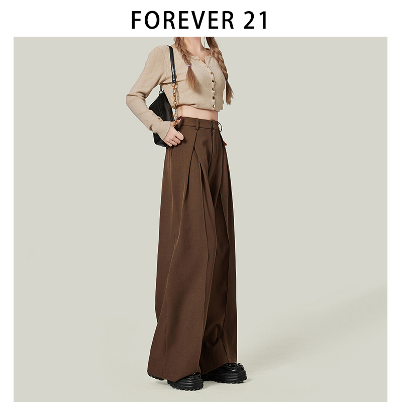 Forever 21高级感黑色褶皱阔腿西装裤女爆款舒适深色宽松垂感裤子