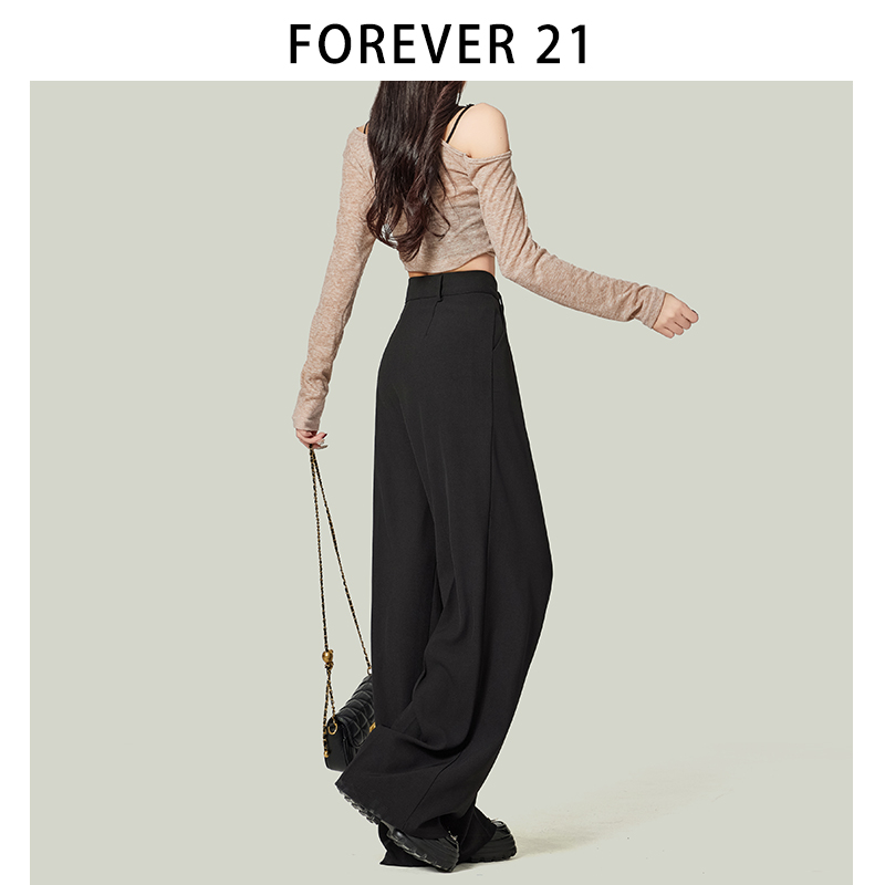 Forever 21高级气质垂坠感黑色西装裤女装显瘦高腰小个子阔腿裤子