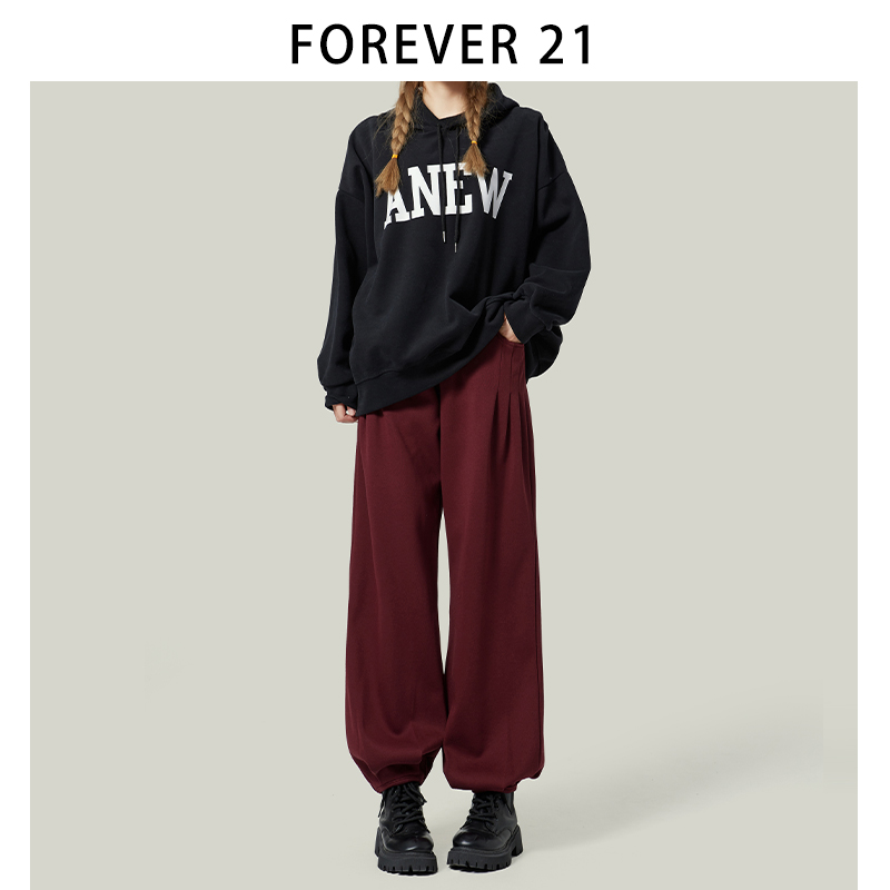 Forever 21新款运动裤女褶皱多色梨形束脚深灰色高腰休闲裤小个子