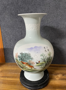 景德镇陶瓷艺术瓷厂手工雕刻纹手工拉坯手工绘画山水花瓶收藏摆件