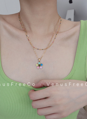 18k镀金钛钢链条小花彩色项链