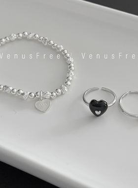 韩国925纯银天然黑玛瑙宝石爱心小颗米粒珍珠戒指环开口叠戴简约