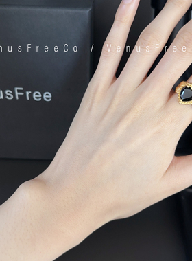 法式复古浪漫vintage浮雕大颗爱心镀金黑色宝石戒指链条叠戴开口