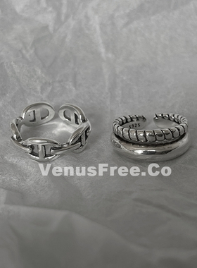 2选925纯银韩国博主款做旧质感猪鼻子双层光面麻花加厚戒指环简约