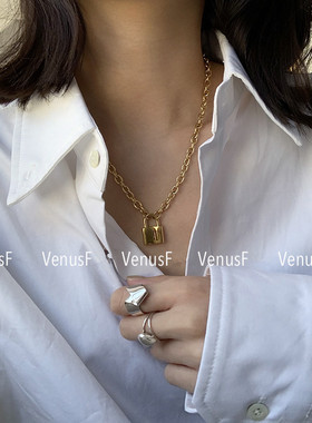 博主高保色加粗18k锁头ins项链