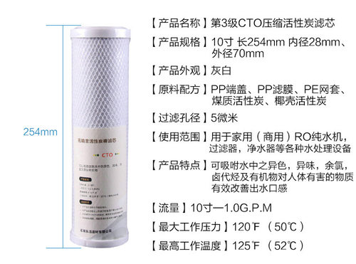 10寸平口第三级精密烧结压缩活性炭果壳网碳滤芯净水器纯水机CTO - 图0