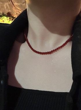 点绛唇红色天然石项链女手工串珠