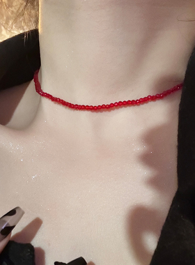 新年红色水晶串珠项链女气质简约