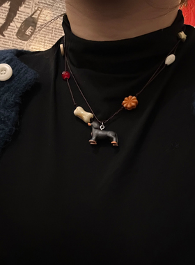 秋冬彩色双层叠戴腊肠狗吊坠项链