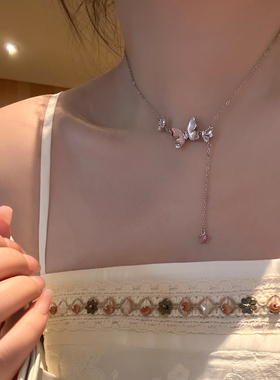 春季轻奢甜美粉色蝴蝶流苏项链