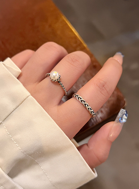 冷淡风麻花链条珍珠戒指套装