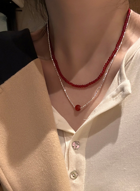 气质秋冬双层叠戴红色串珠项链
