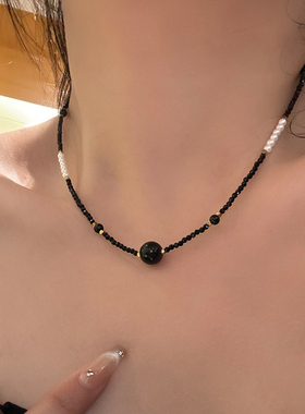 复古小众黑色水晶串珠项链颈链