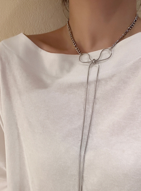 简约百搭银色超长蝴蝶结项链