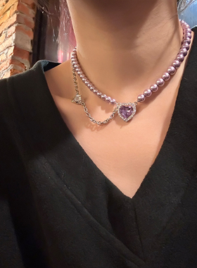 镶钻紫色爱心珍珠项链独特锁骨链