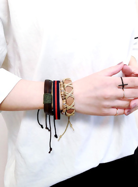 复古风亚麻多层弹力串珠装饰手镯