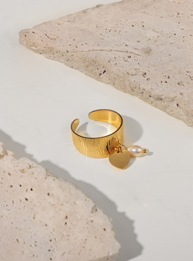 几何独立型包装INS网红同款戒指18K金不锈钢爱心形珍珠吊坠开口