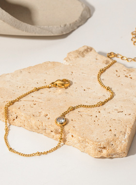 INS风复古钛钢手链16K金不锈钢镶嵌白色锆石脚链女式钛钢脚链