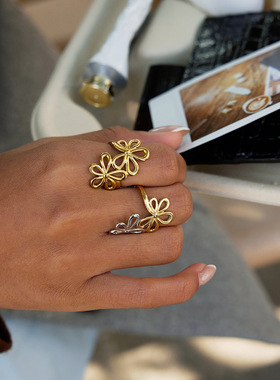 钛钢花朵戒指轻奢感首饰女不掉色手饰18k不锈钢跨境饰品