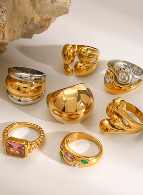 欧美不锈钢夸张锆石戒指感复古指环钛钢手饰品跨境rings