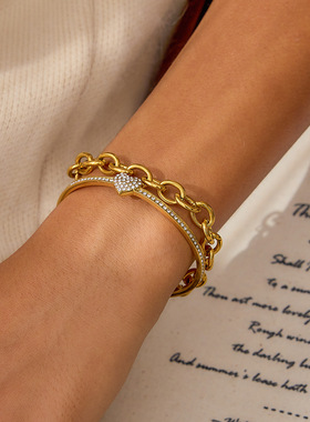 钛钢手镯爱心水钻开口镯子不掉色手饰不锈钢跨境情人节饰品