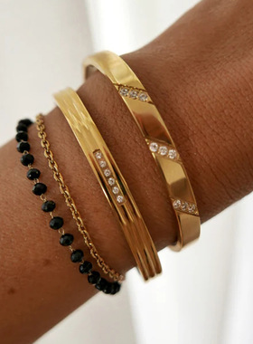 欧美INS女式时尚款百搭手链不锈钢18K金斜纹镶嵌白色锆石手镯