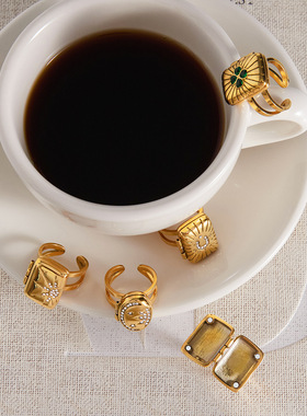 不锈钢相片盒金戒指小众感仿钛钢手饰欧美跨境饰品rings