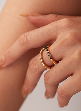 INS网红款戒指18K镀金细珠白/绿色锆石戒指首饰不锈钢开口戒指女