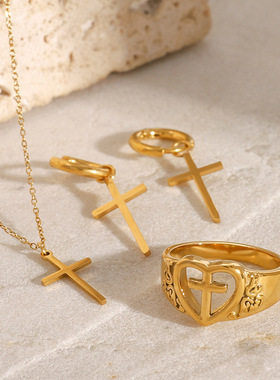 欧美不锈钢十字架项链高级感ins吊坠耳环18k钛钢戒指