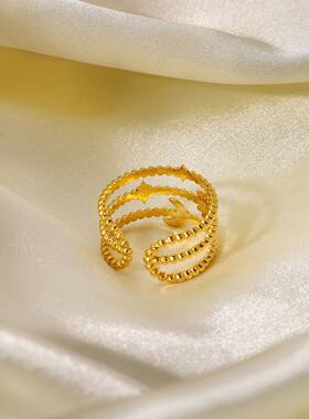 欧美INS网红热款三层星月开口戒指18K镀金不锈钢女士流行饰品