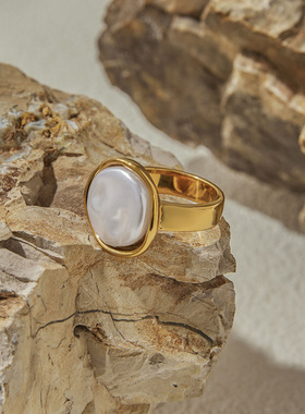 跨境贝珠戒指钛钢不掉色首饰轻奢感不锈钢饰品跨境rings