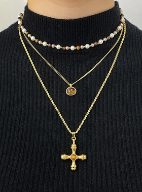 欧美不锈钢虎眼石吊坠项链高级感小众锁骨链钛钢颈链饰品跨境