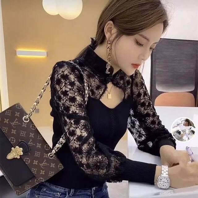 ເສື້ອທີເຊີດ lace hollow stitching ຕາເວັນຕົກແລະ chic ສໍາລັບແມ່ຍິງ 2026 ດູໃບໄມ້ລົ່ນຄົນອັບເດດ: ໃຫມ່ slim bottoming ເທິງ