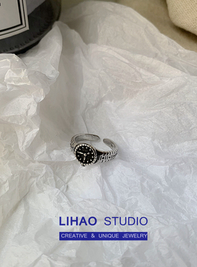 女暗黑风黑盘手表型戒指复古做旧